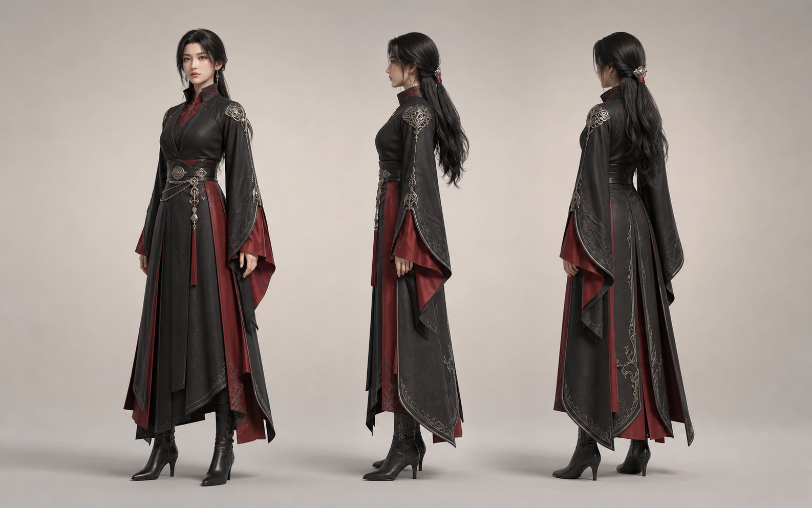 The same woman in a black and red fantasy outfit shown from front, side, and rear angles.