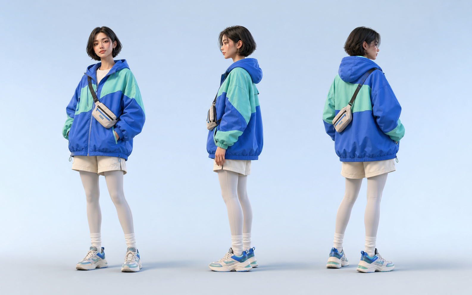 The same woman in blue and mint streetwear shown from front, side, and rear angles.