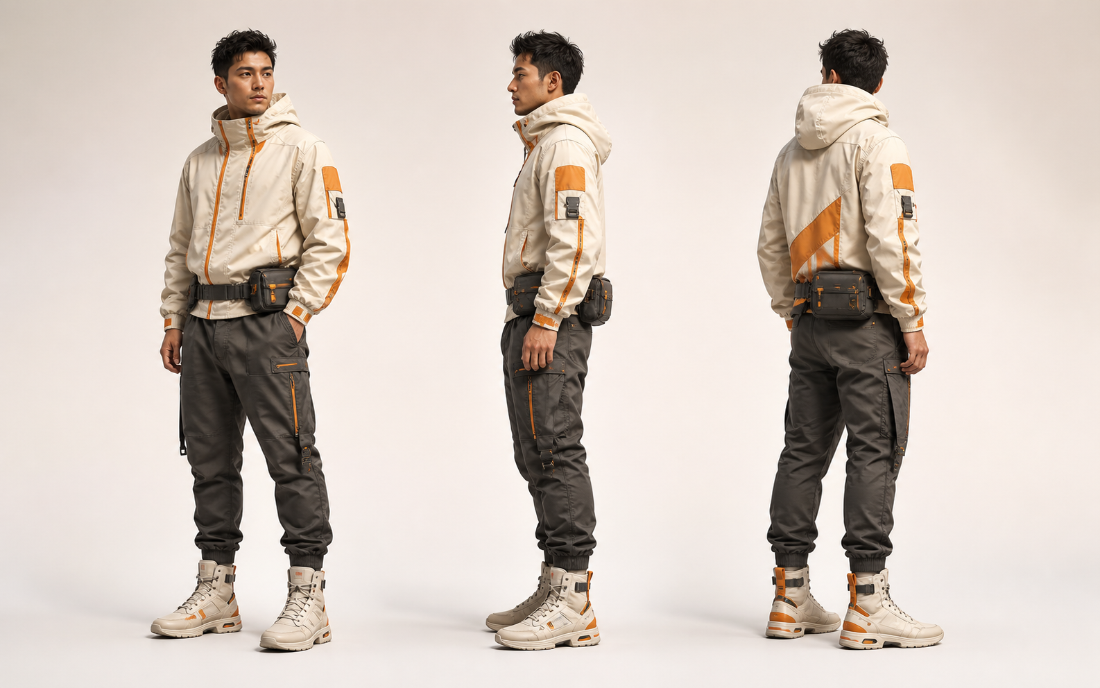 The same man in cream and orange techwear shown from front, side, and rear angles.