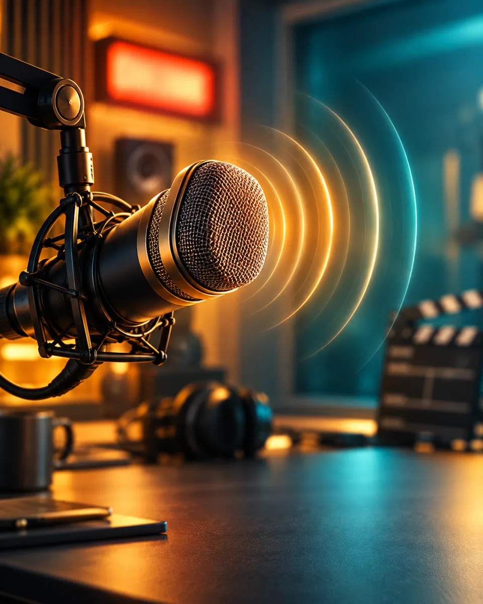 Studio microphone with illustrated sound waves, headphones, and a clapperboard for an advertising voice over