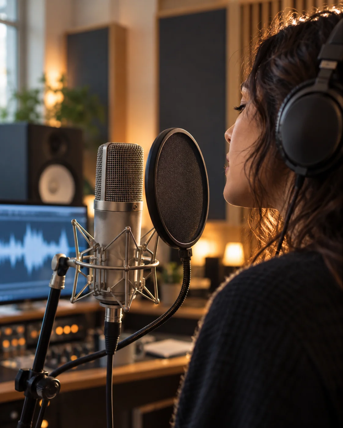 Singer recording vocals in a warm studio, wearing headphones and singing into a condenser microphone
