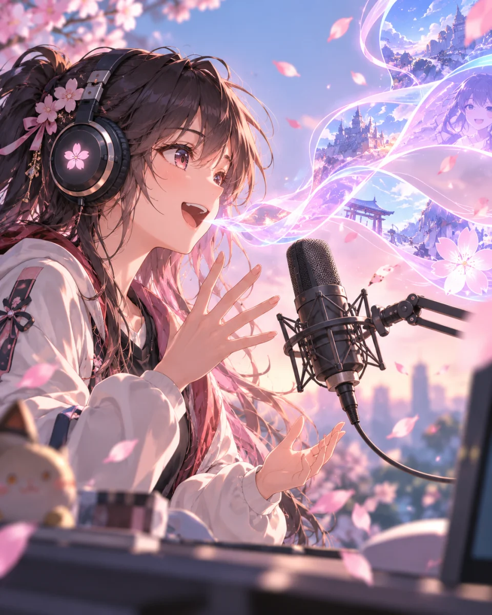 Anime-style character wearing headphones and speaking into a studio microphone