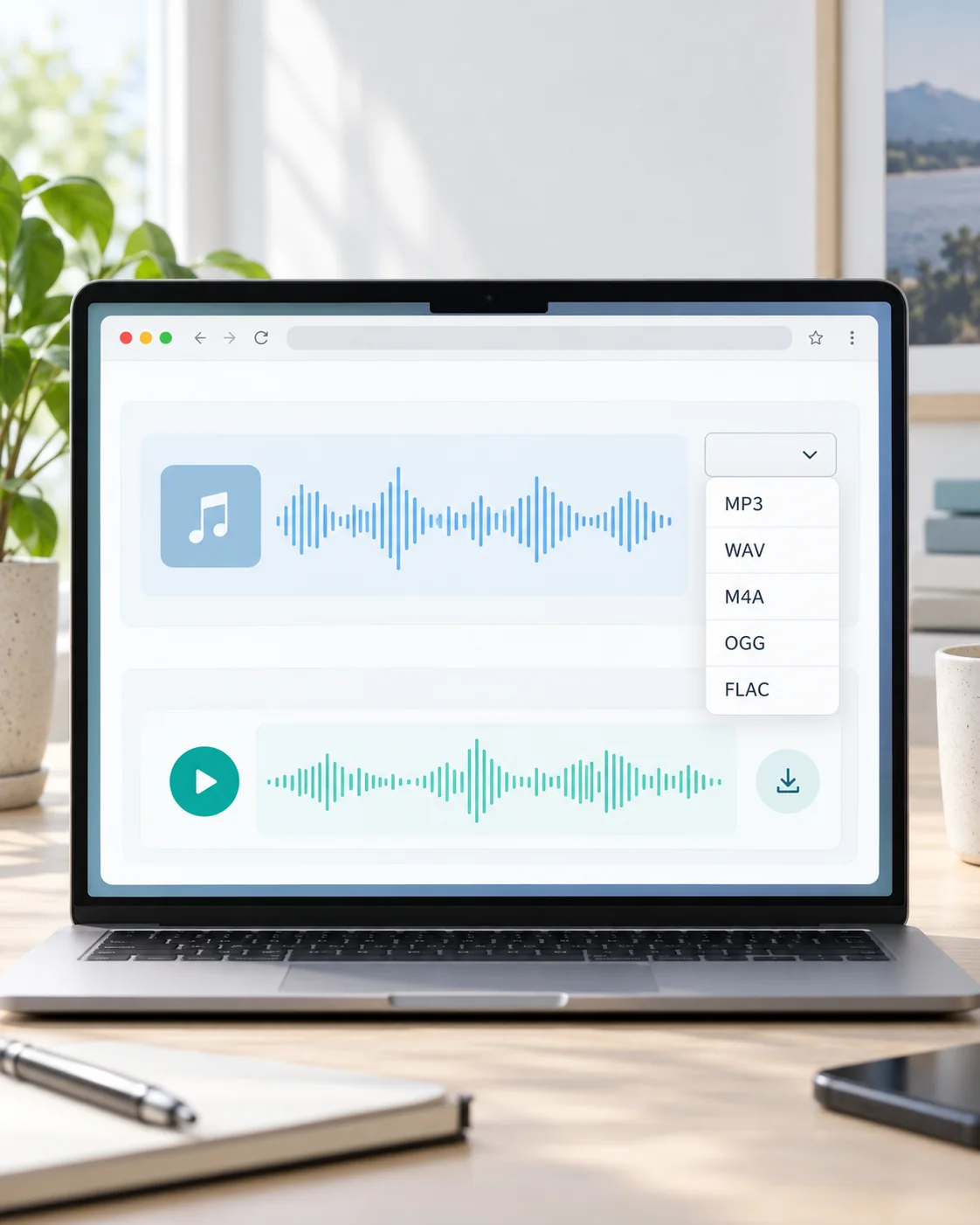 Audio converter preview with an uploaded waveform, output format choices, and a converted audio player