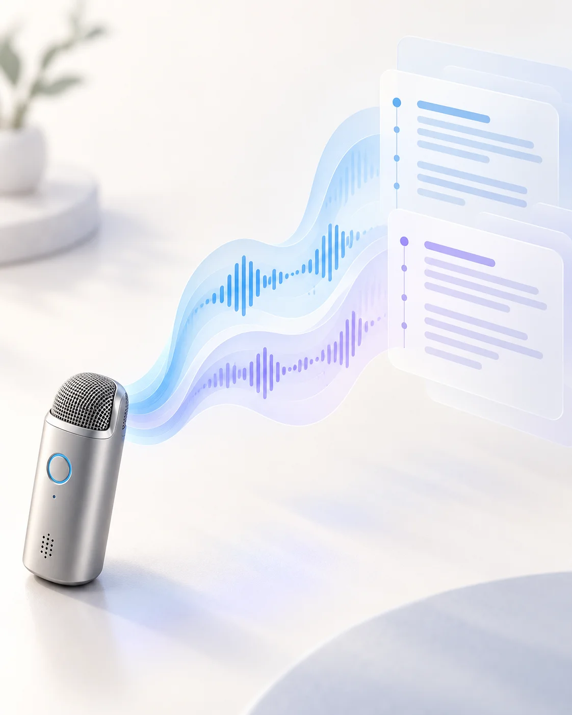 Audio waveform flowing from a microphone into structured transcript pages