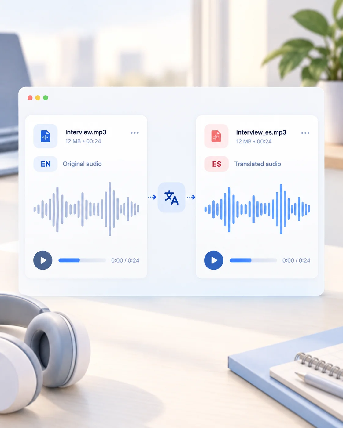 Audio translation interface converting an English recording into Spanish audio