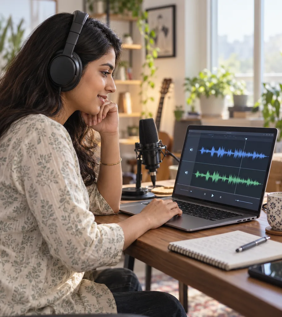 Creator reviewing original and translated audio tracks in a recording workspace
