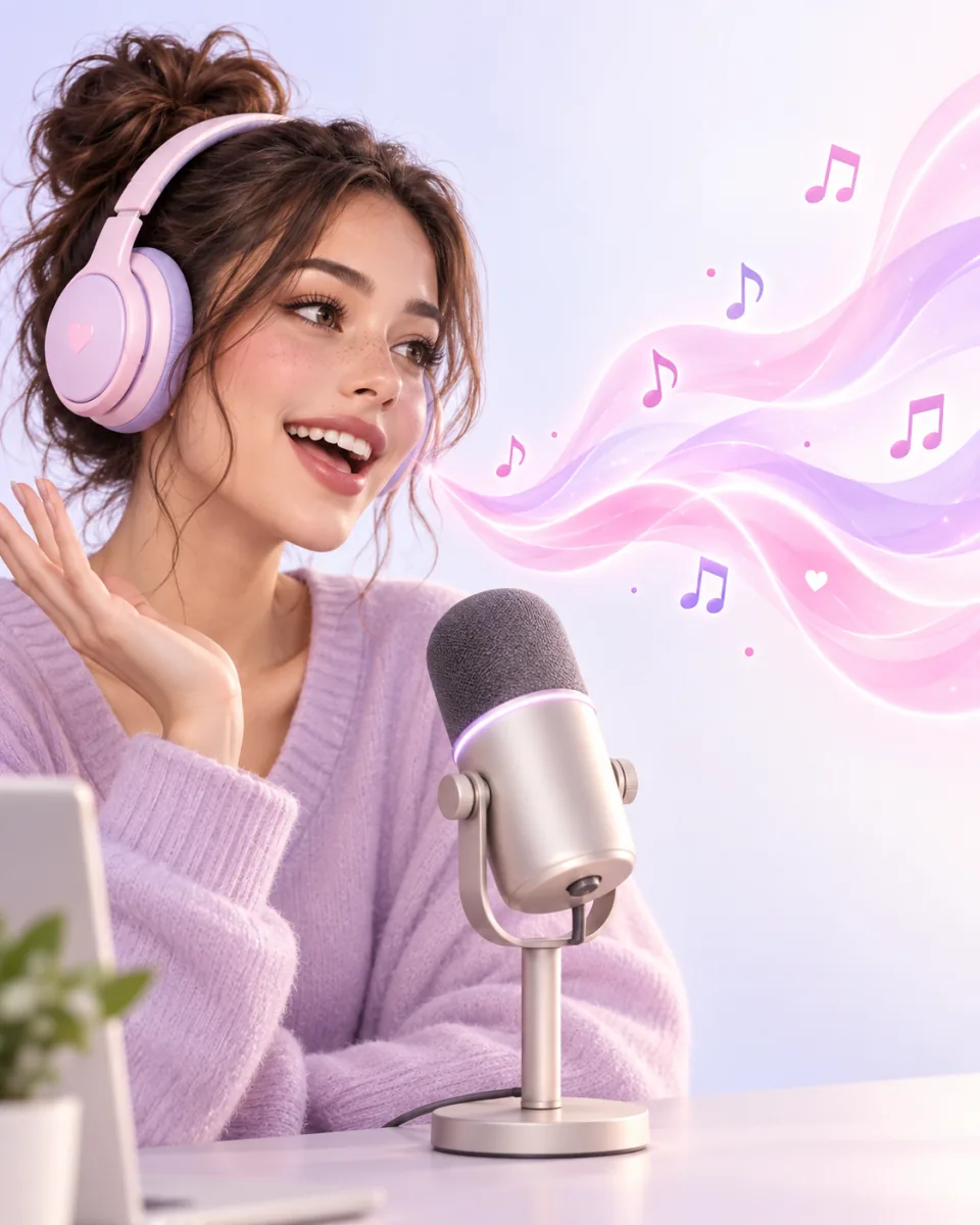 Woman wearing pink headphones speaking into a studio microphone beside pink and purple sound waves