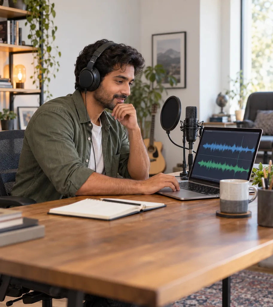 Indian creator reviewing two spoken-audio tracks in a recording workspace