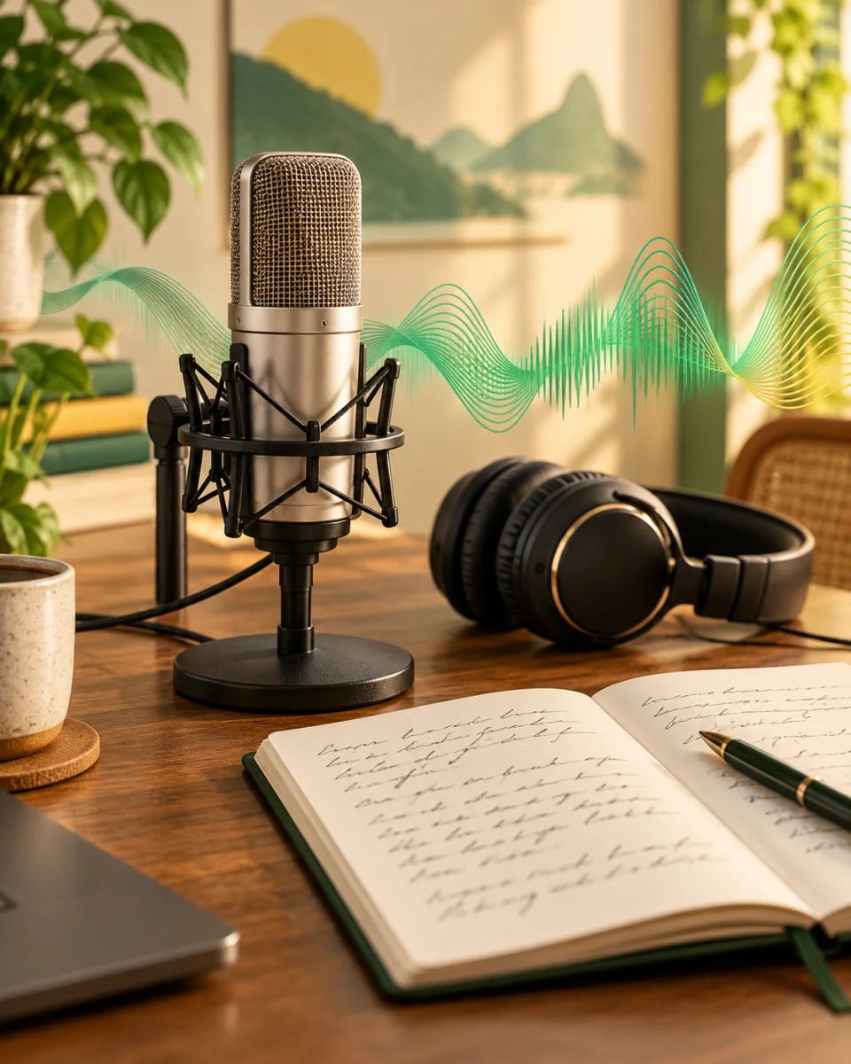 Condenser microphone beside an open Portuguese script notebook and headphones, with a teal audio waveform