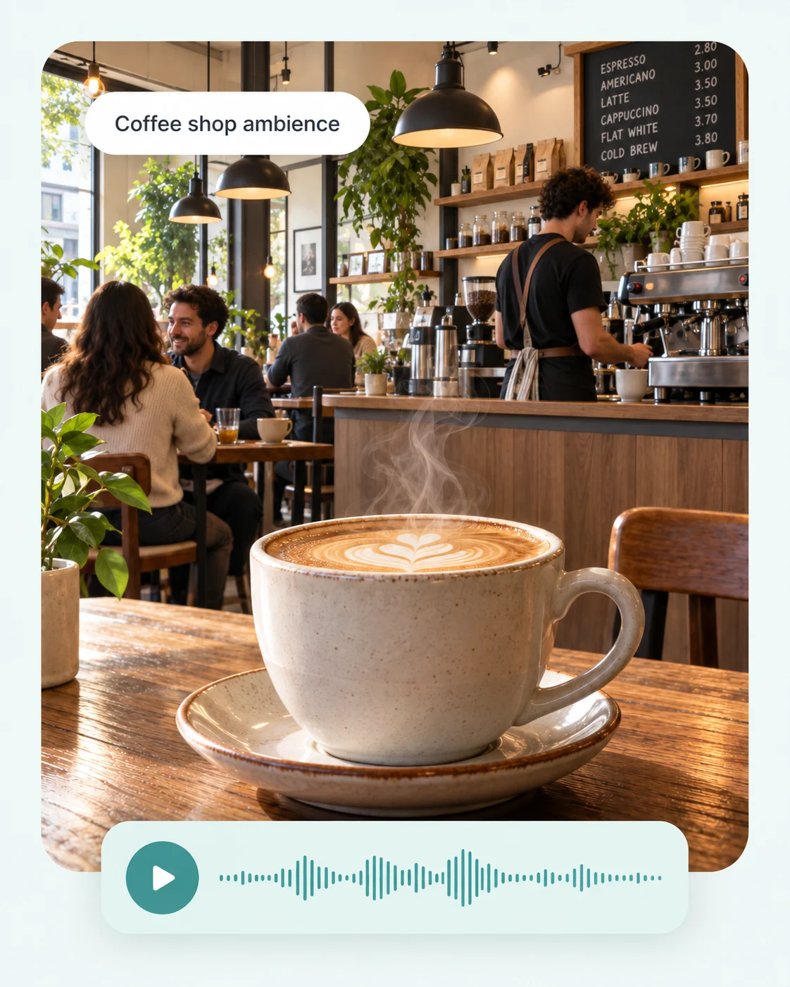 AI sound effects generator illustration: a coffee shop scene with a Coffee shop ambience prompt chip and a waveform audio player