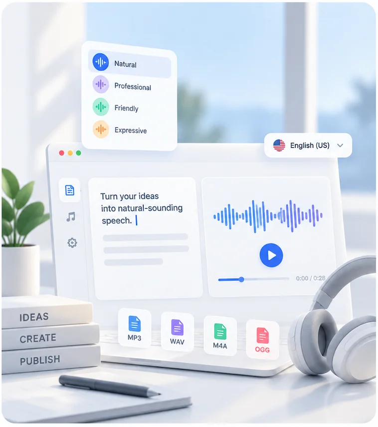 Text to speech workspace with voice styles, language selection, playback, and audio formats
