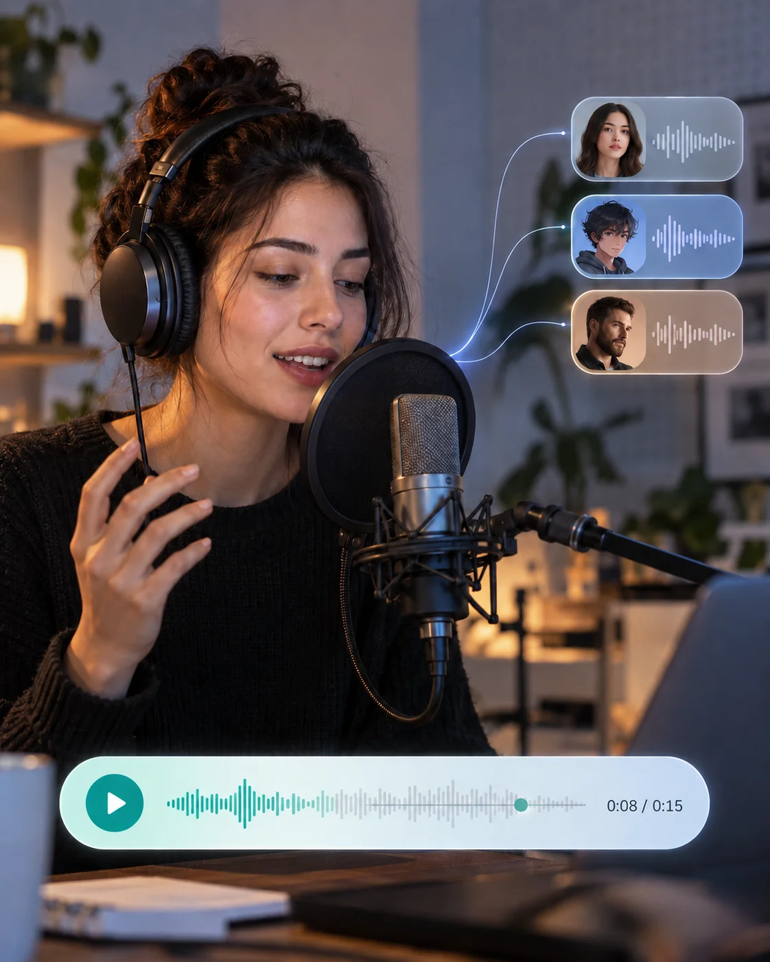 Creator with headphones speaking into a studio microphone, with three AI voice persona cards and waveform visualizations