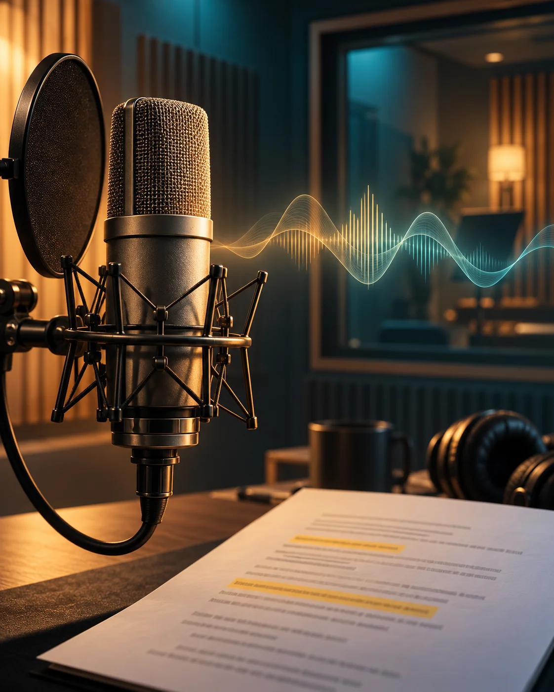 Studio microphone and marked narration script beside headphones, with an illustrated audio waveform