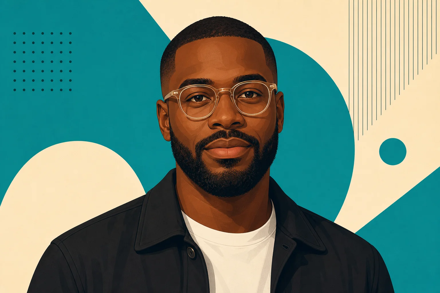 Illustrated avatar of a man with glasses against a teal and cream geometric background.