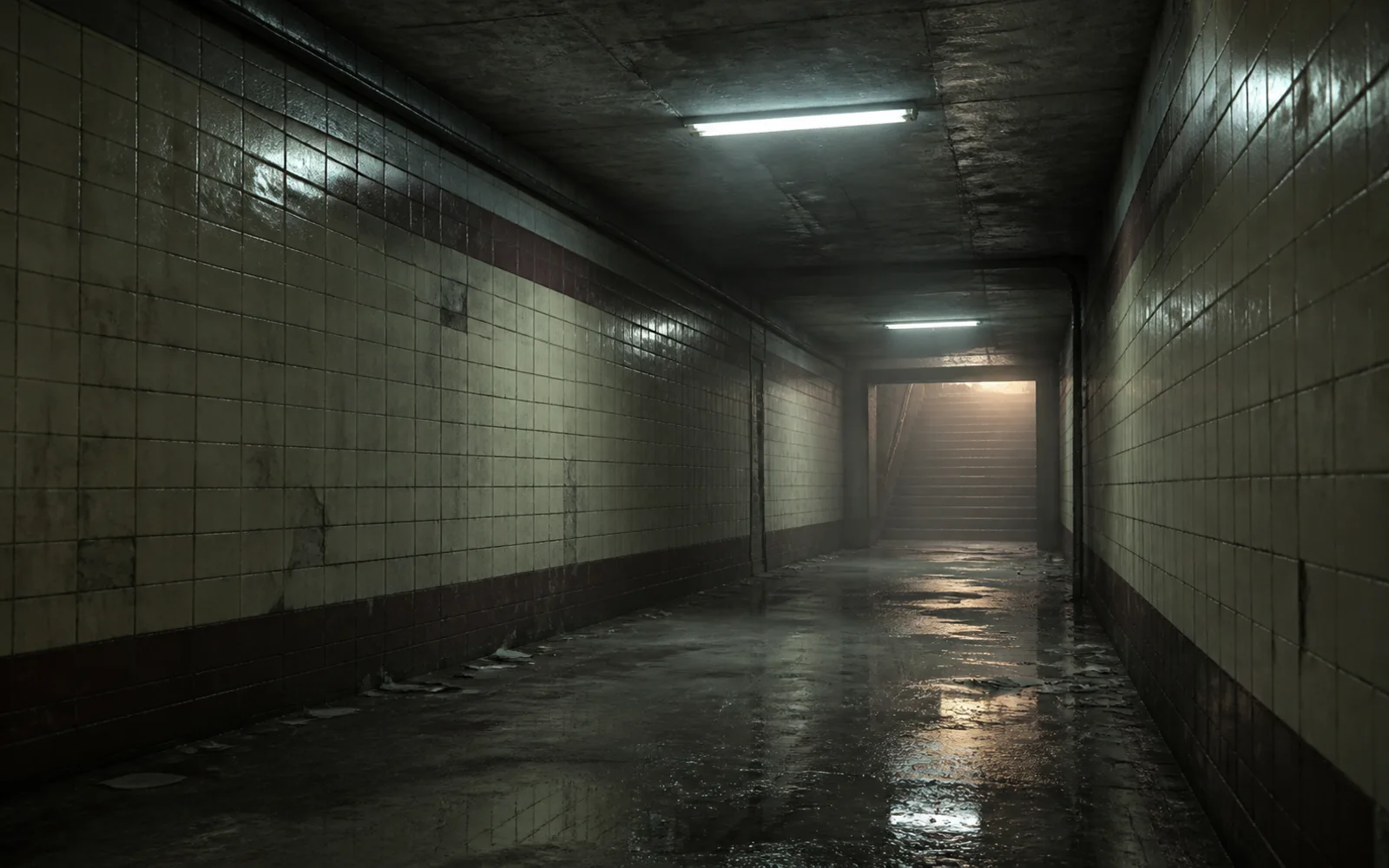 Abandoned subway access corridor with aged ceramic tiles, puddles, cold fluorescent lighting, and stairs glowing in the distance.