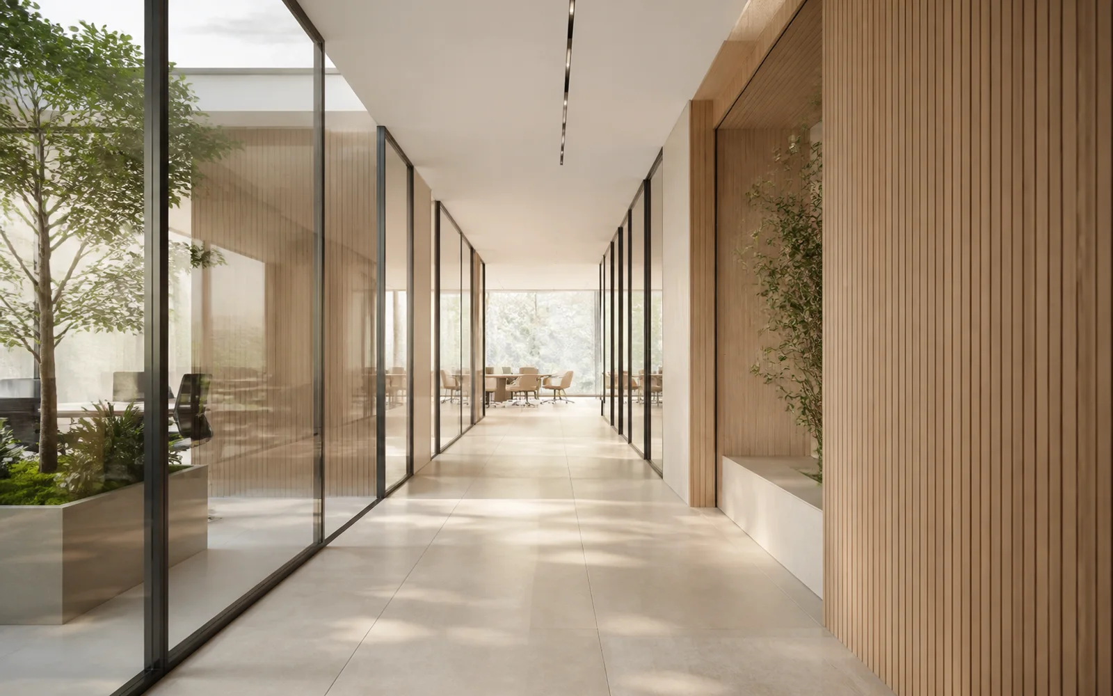 Daylit minimalist office corridor with glass partitions, pale oak walls, indoor planting, and a bright workspace at the far end.