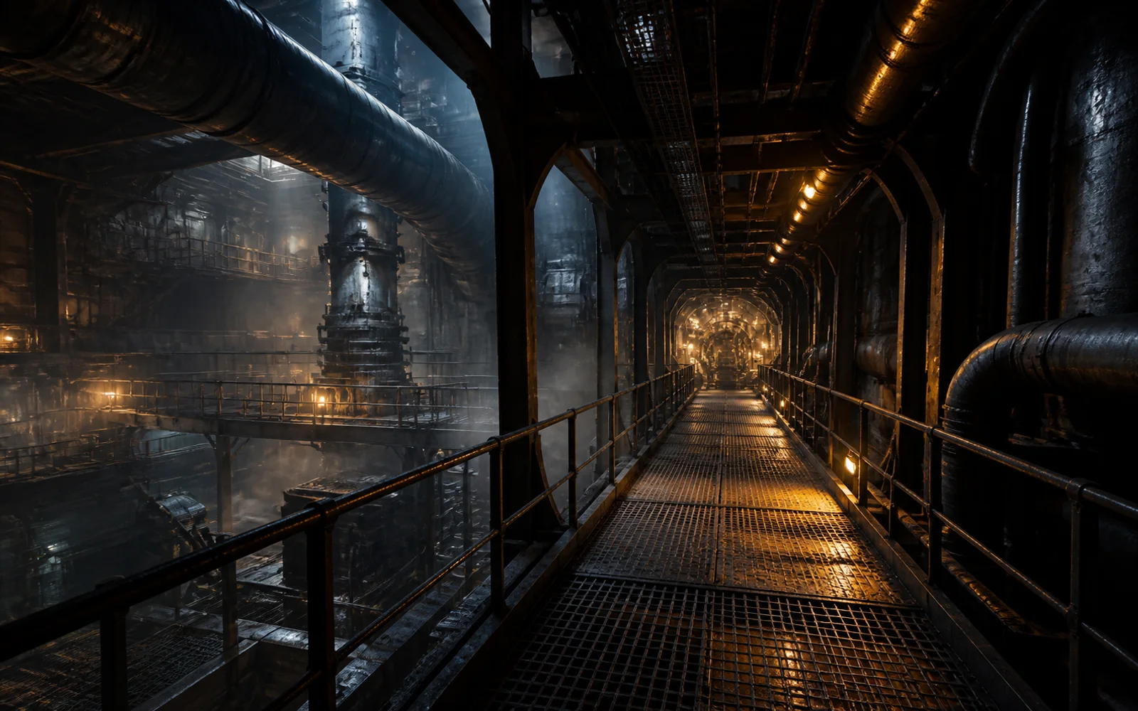 Industrial catwalk corridor inside a power facility with steel pipes, grated flooring, warm work lights, and atmospheric haze.