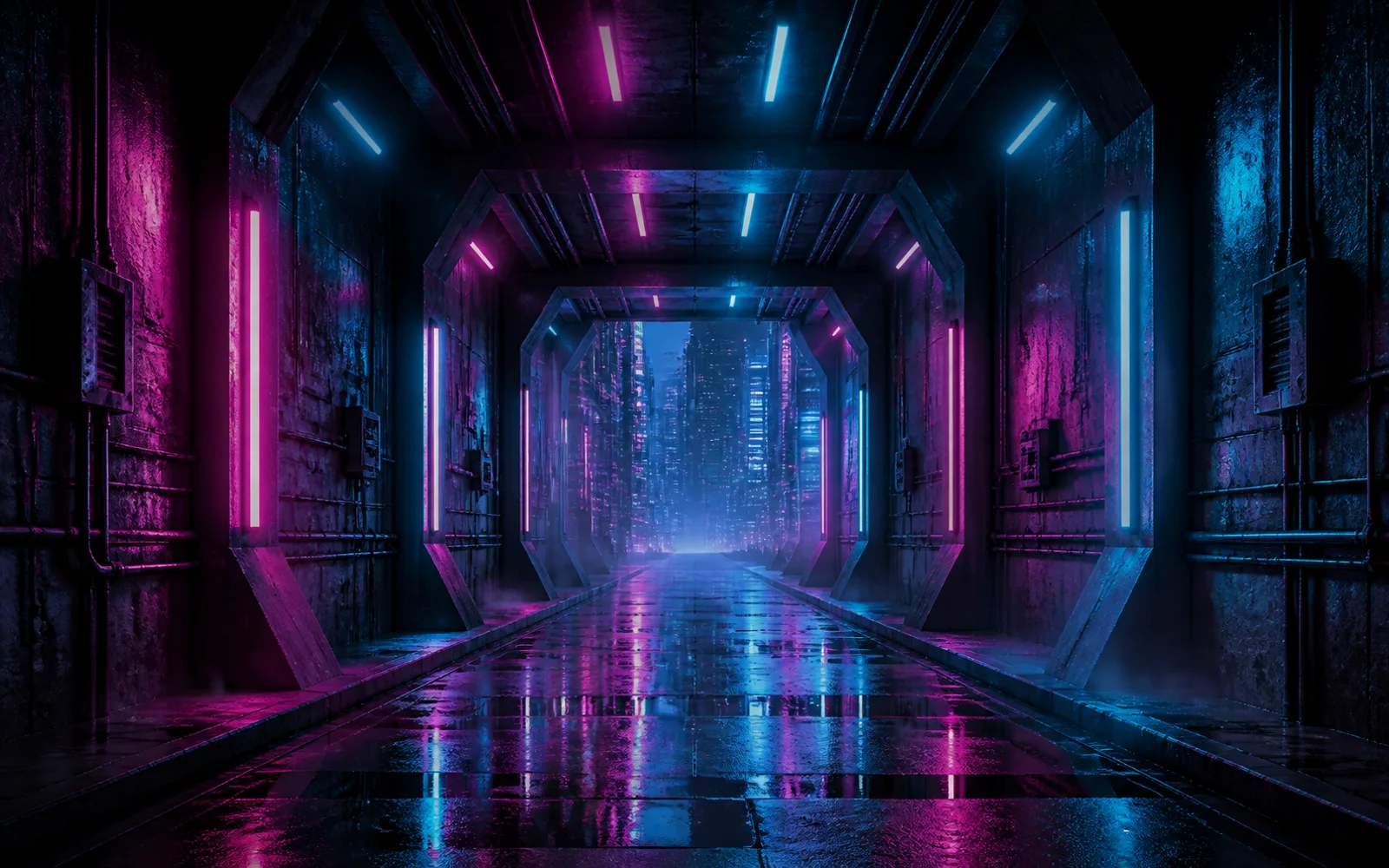 Neon cyberpunk corridor with cyan and magenta lights, dark concrete ribs, mist, and a reflective wet floor.