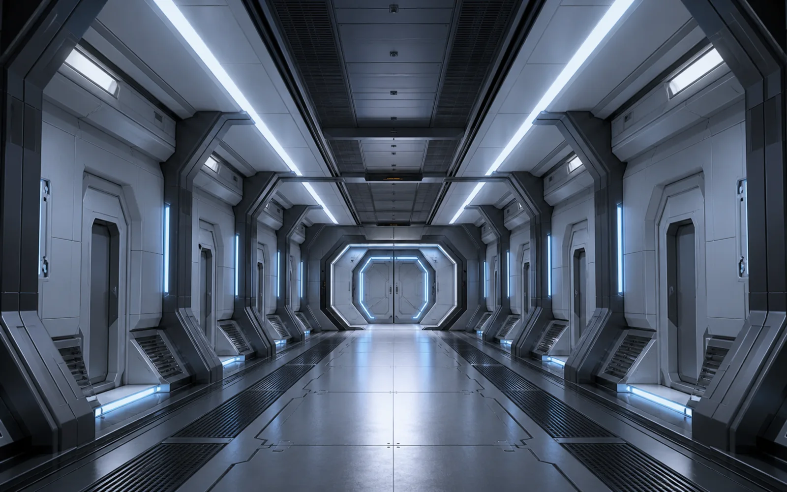 Clean science-fiction spaceship corridor with white wall panels, graphite supports, blue recessed lights, and a distant airlock.