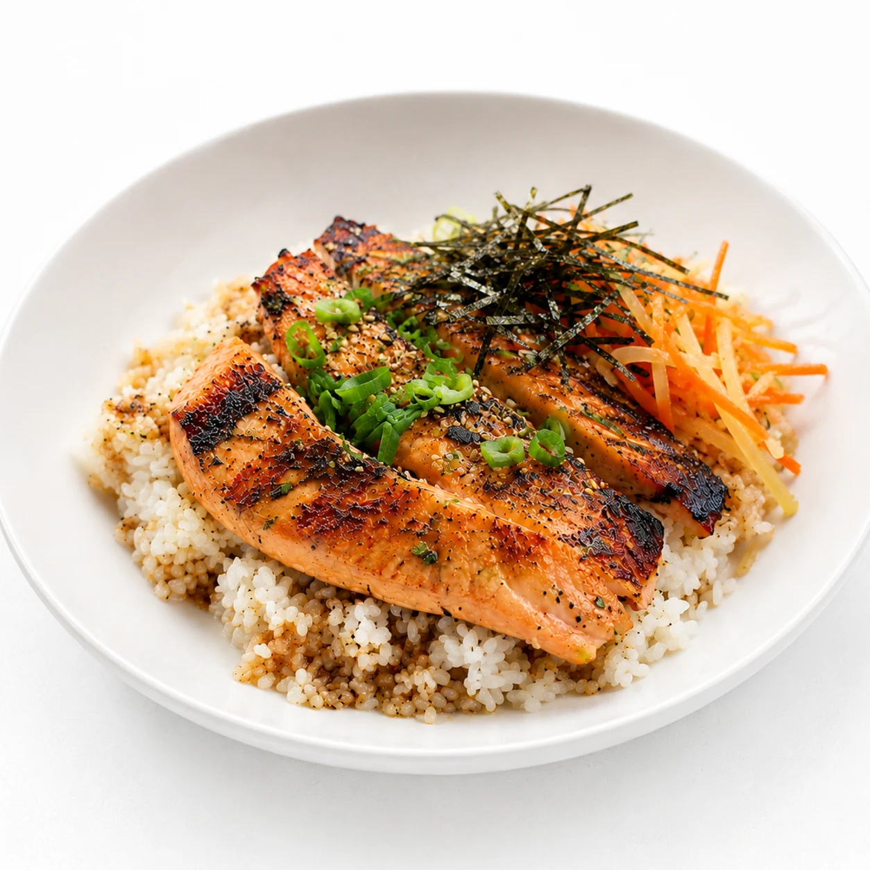 Before-and-after salmon rice bowl edited for a cleaner menu-style presentation. overlay