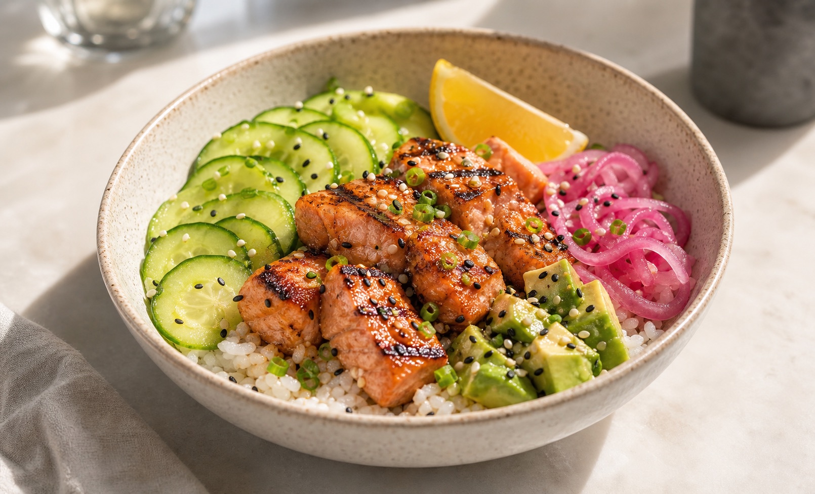 Comparison showing a casual salmon rice bowl photo versus a polished menu-ready edit of the same dish. overlay