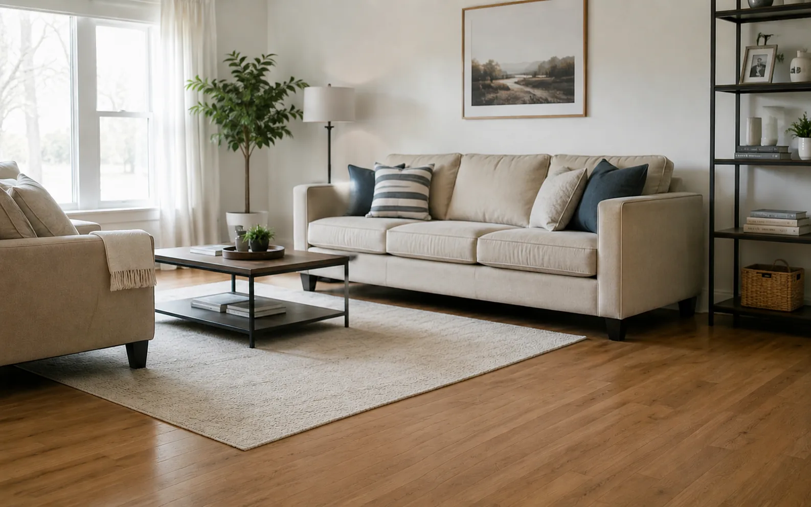 Before-and-after comparison of a living room with a black chair removed from the center of the scene. overlay