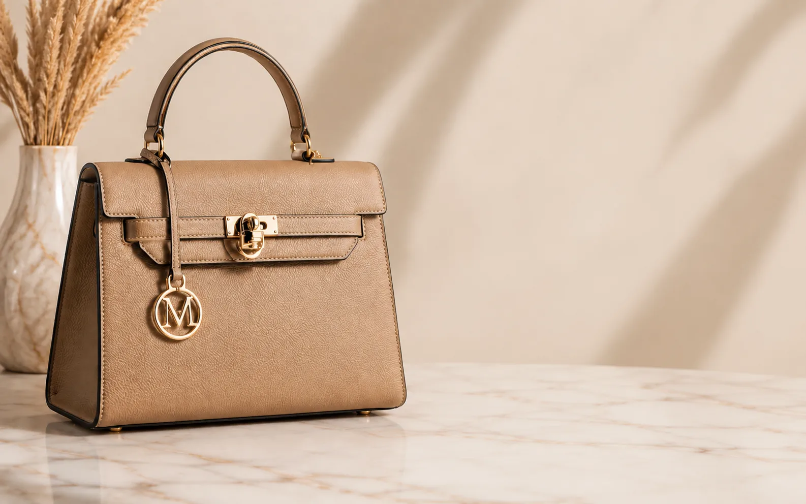 Before-and-after comparison of a handbag campaign image with promotional text and sale graphics edited in place. overlay