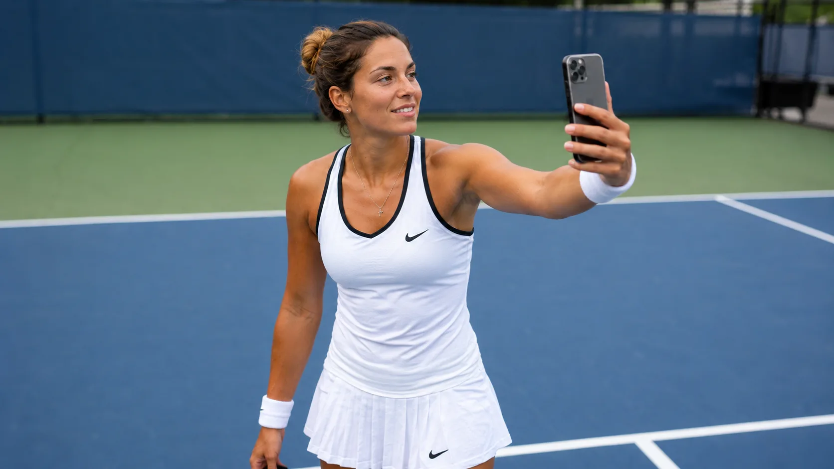 Comparison showing a tennis action photo versus a tennis-court selfie for a specific use case. overlay