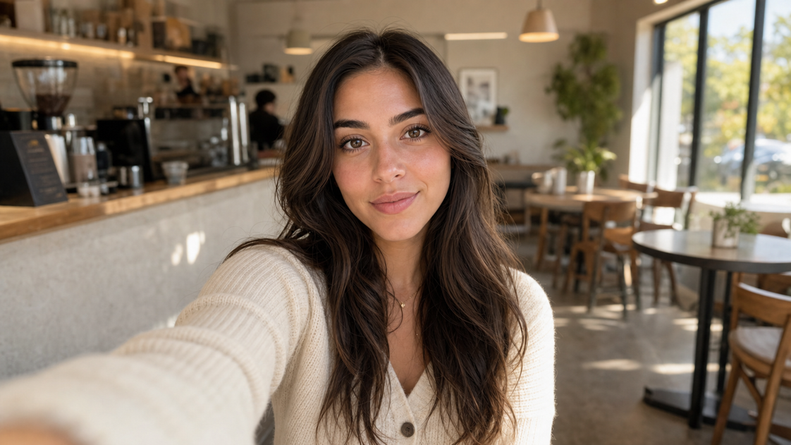 Realistic coffee shop selfie example for the AI Selfie Generator hero carousel.