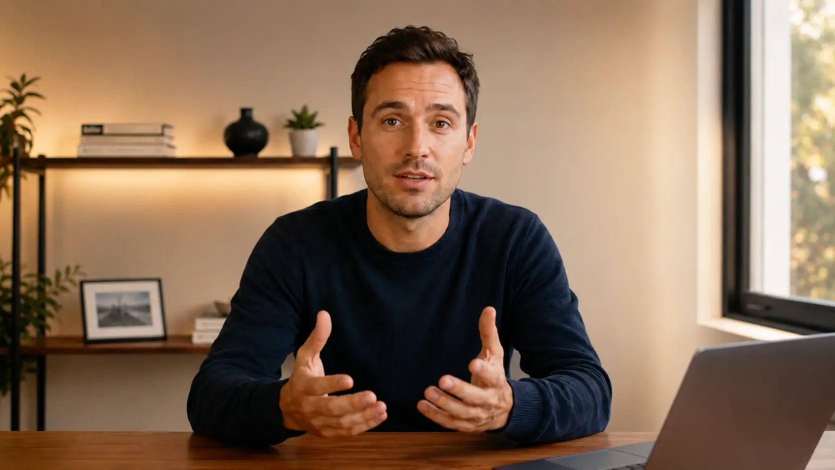 Before-and-after slider showing a talking-head video with warmer lighting and a more polished room style. overlay