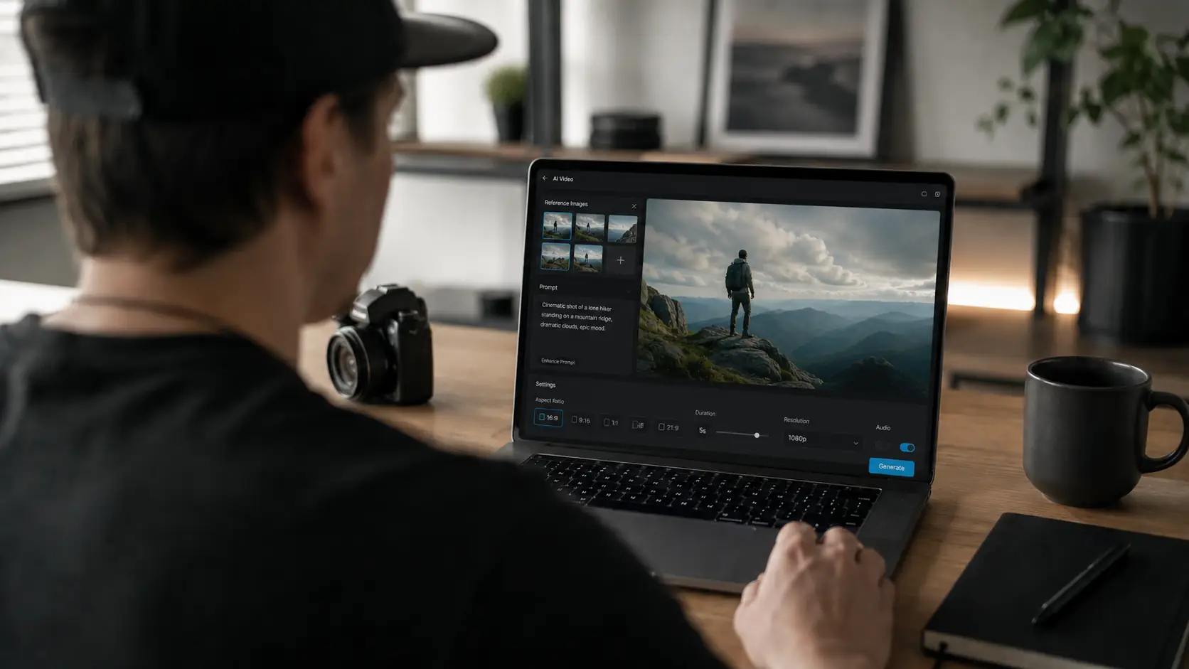 Before-and-after slider showing an AI Video Editor setup with reference images, prompt, and video settings. overlay