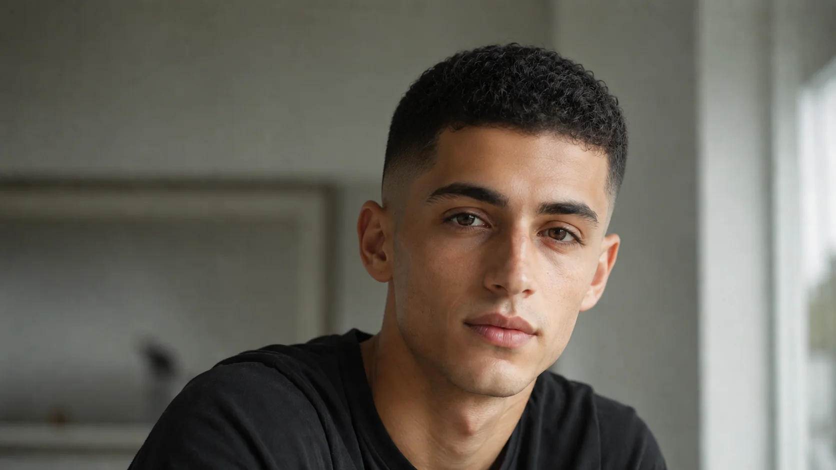 Before-and-after comparison of a portrait with curly hair transformed into a buzz cut. overlay
