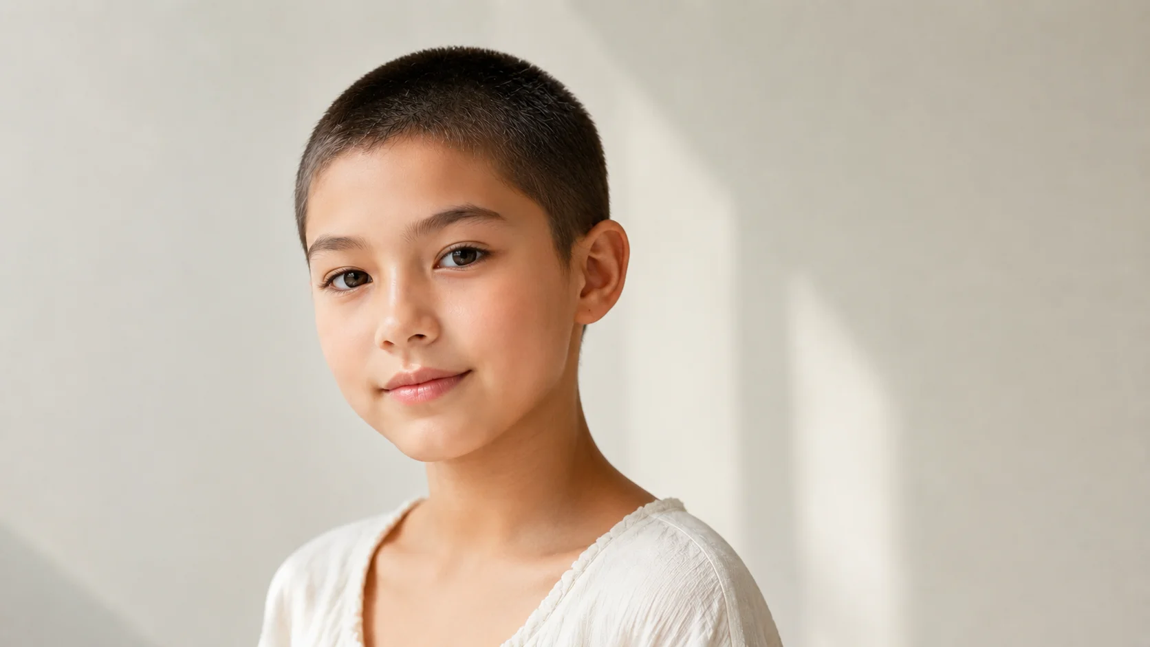 Before-and-after comparison of a front-facing portrait transformed into a short buzz cut with a clean hairline. overlay