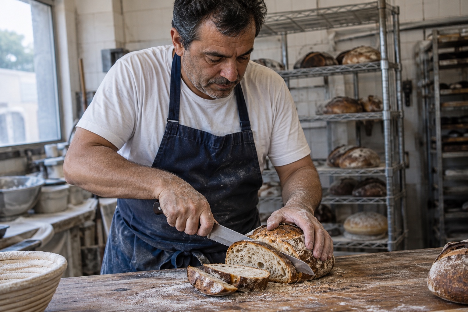 A baker slicing sourdough in a working bakery, with natural skin, flour-dusted hands and detailed bread texture.