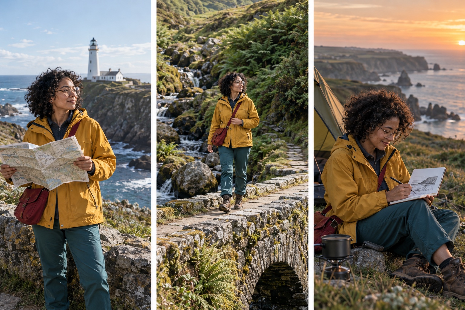 The same woman in three travel photographs: reading a map by a lighthouse, crossing a fern valley and sketching beside a tent.