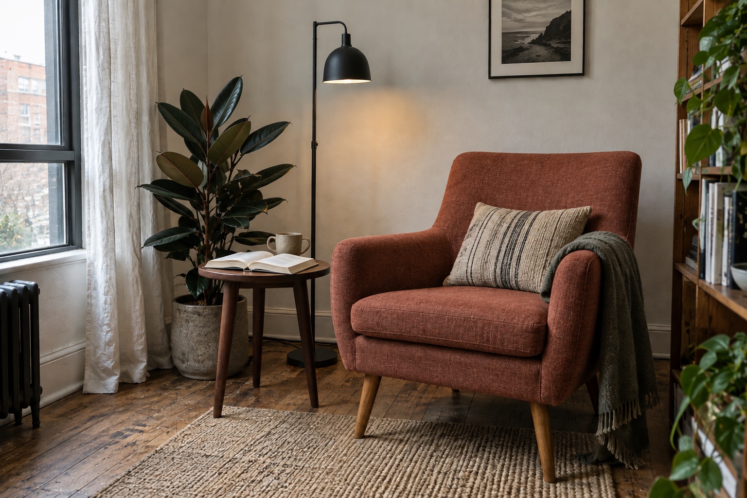The reading corner with terracotta chair upholstery, preserving the furniture, lighting and camera angle.