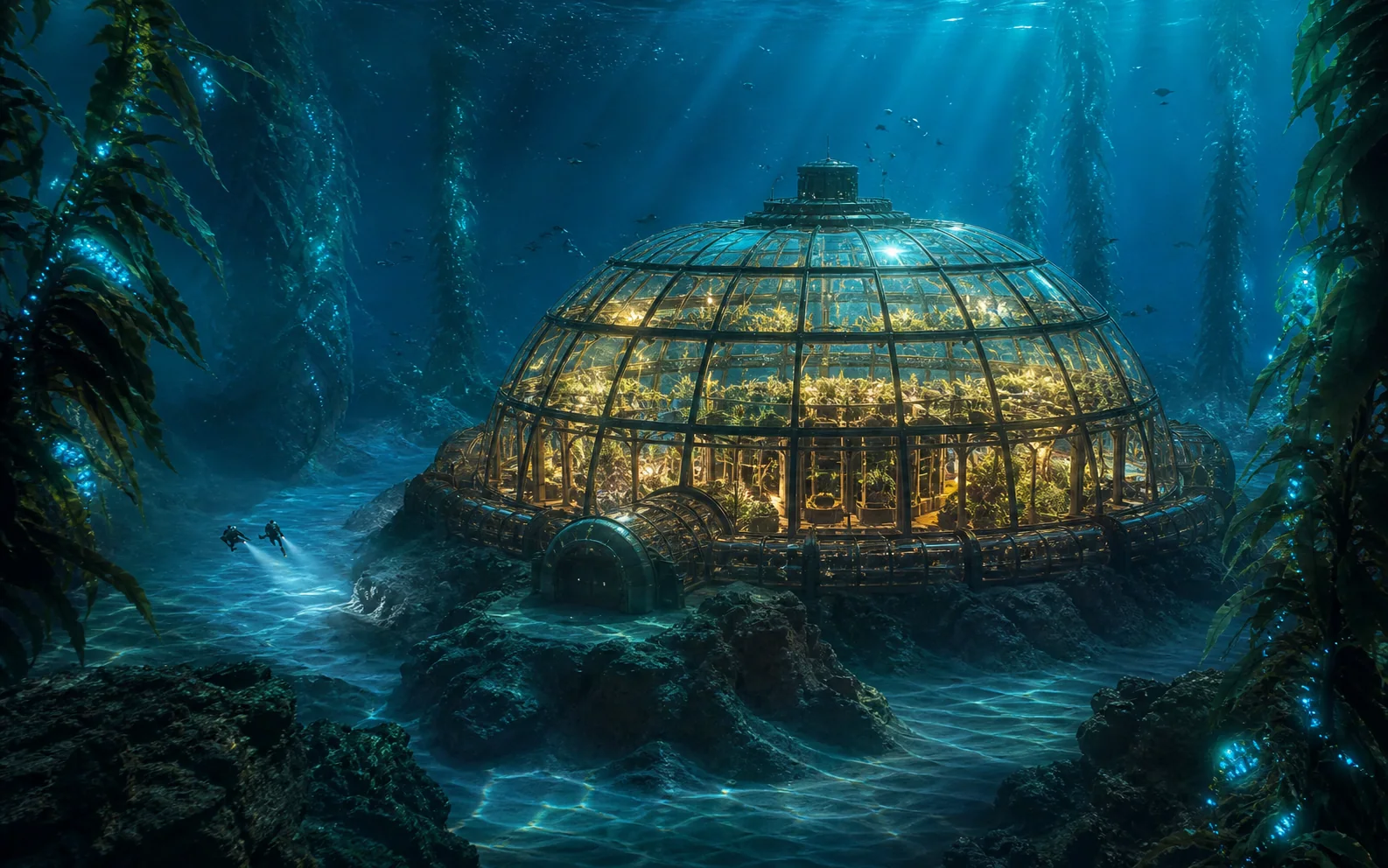 Wide cinematic concept art of an underwater research greenhouse surrounded by divers and bioluminescent kelp.