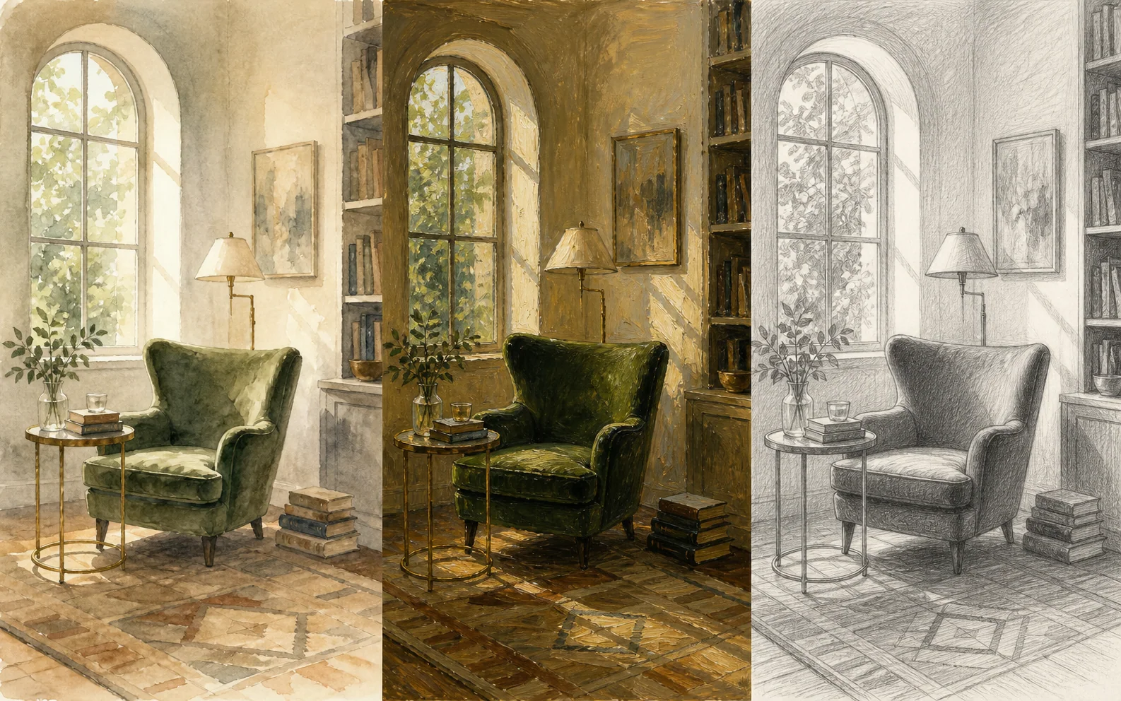 Three coordinated interpretations of the same reading room in watercolor, oil-paint, and pencil-sketch styles.