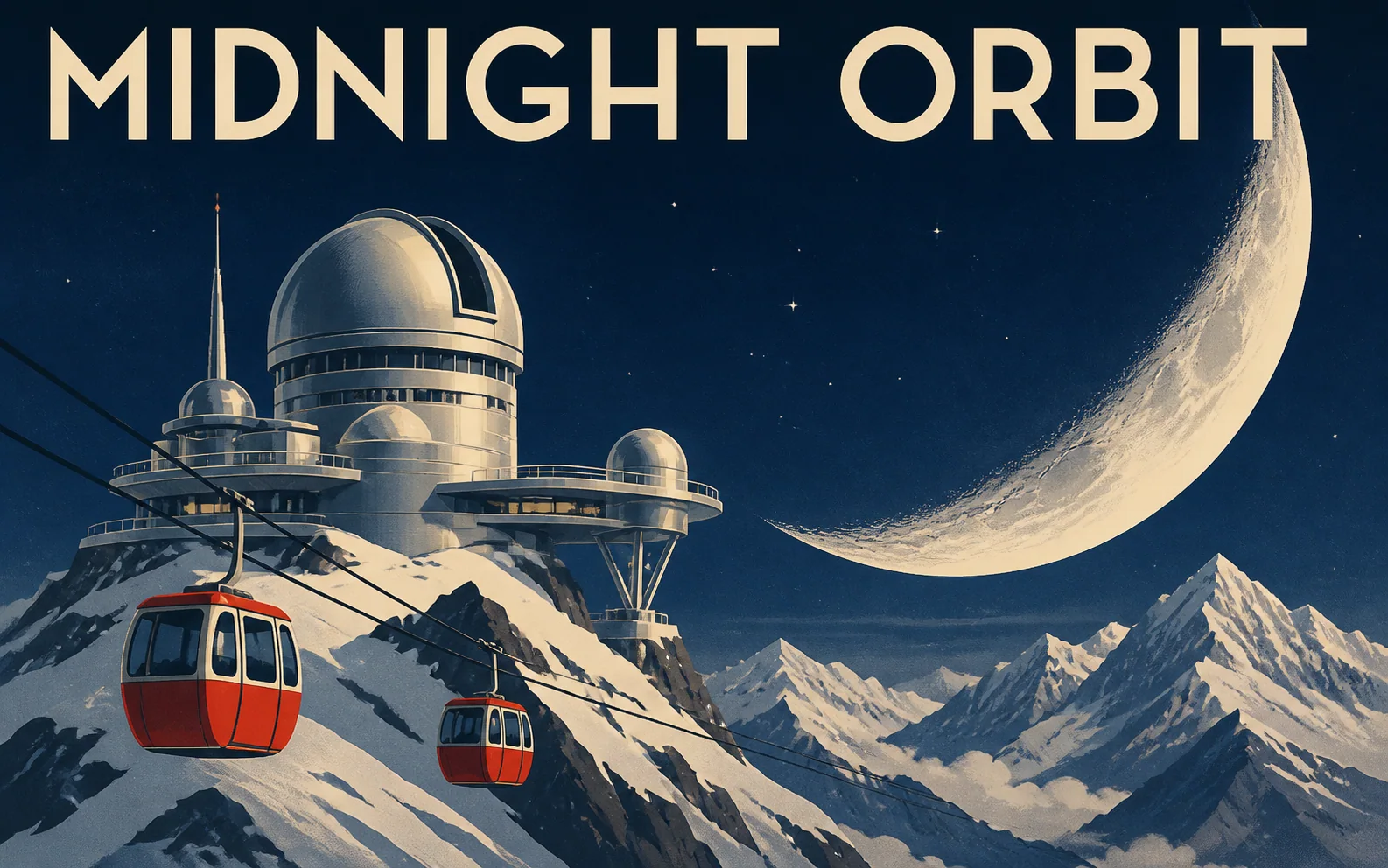 Retro-futurist illustrated travel poster for a moon observatory above a snowy alpine ridge.