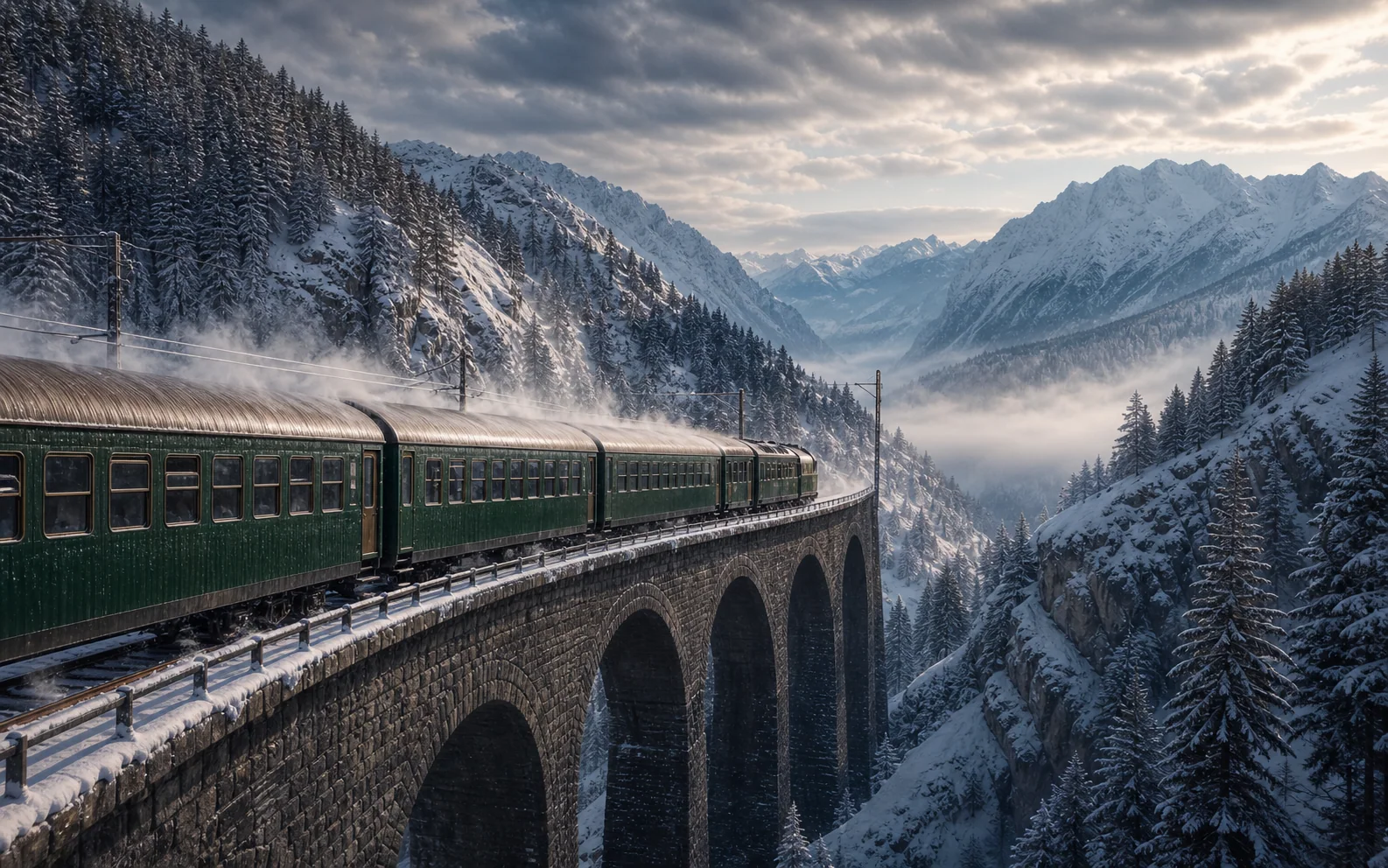 Panoramic alpine train crossing a snow-covered viaduct with detailed metal, ice, rock, and cloud textures.