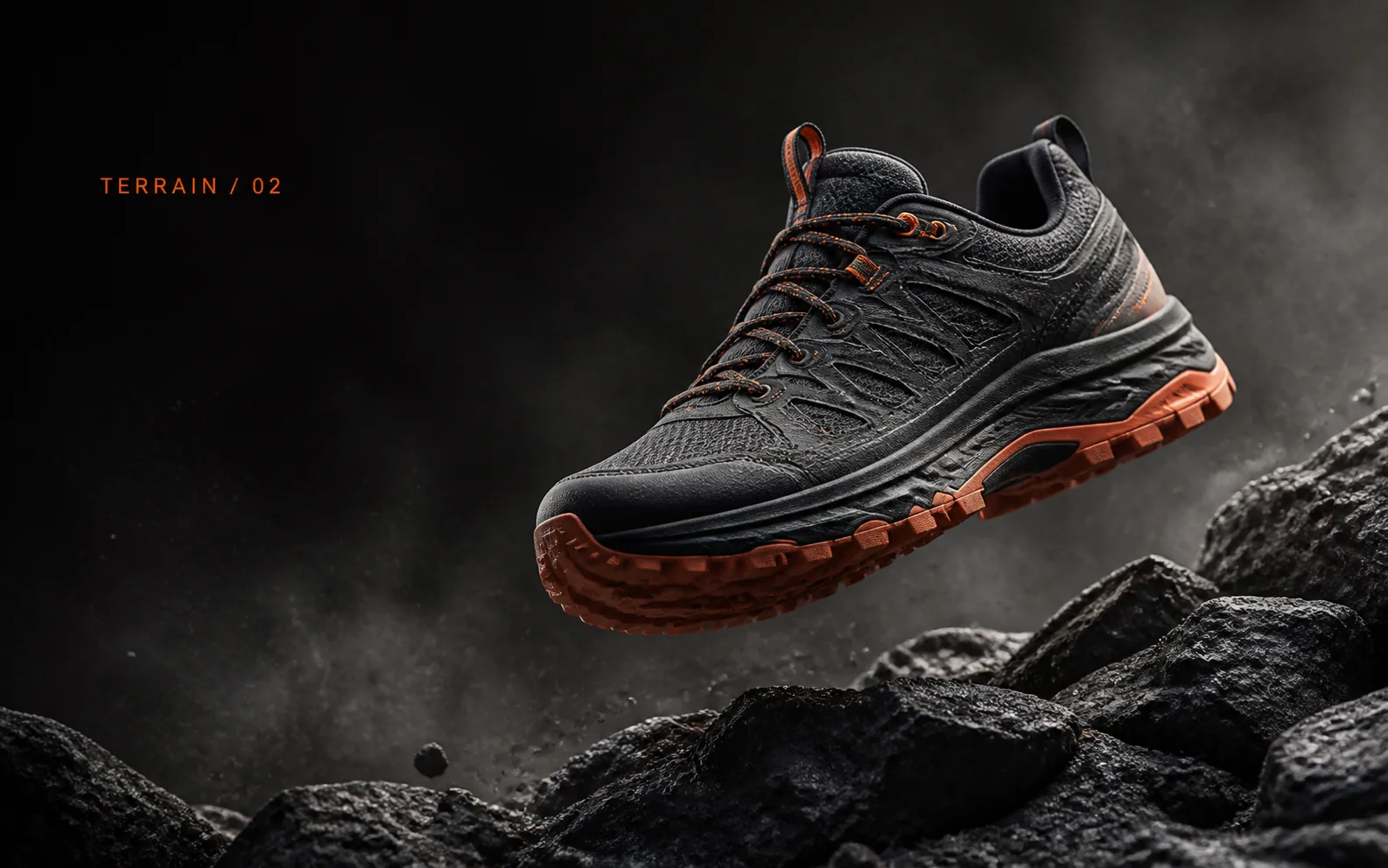 Premium trail running shoe campaign with the shoe suspended above volcanic rock and a restrained brand headline.