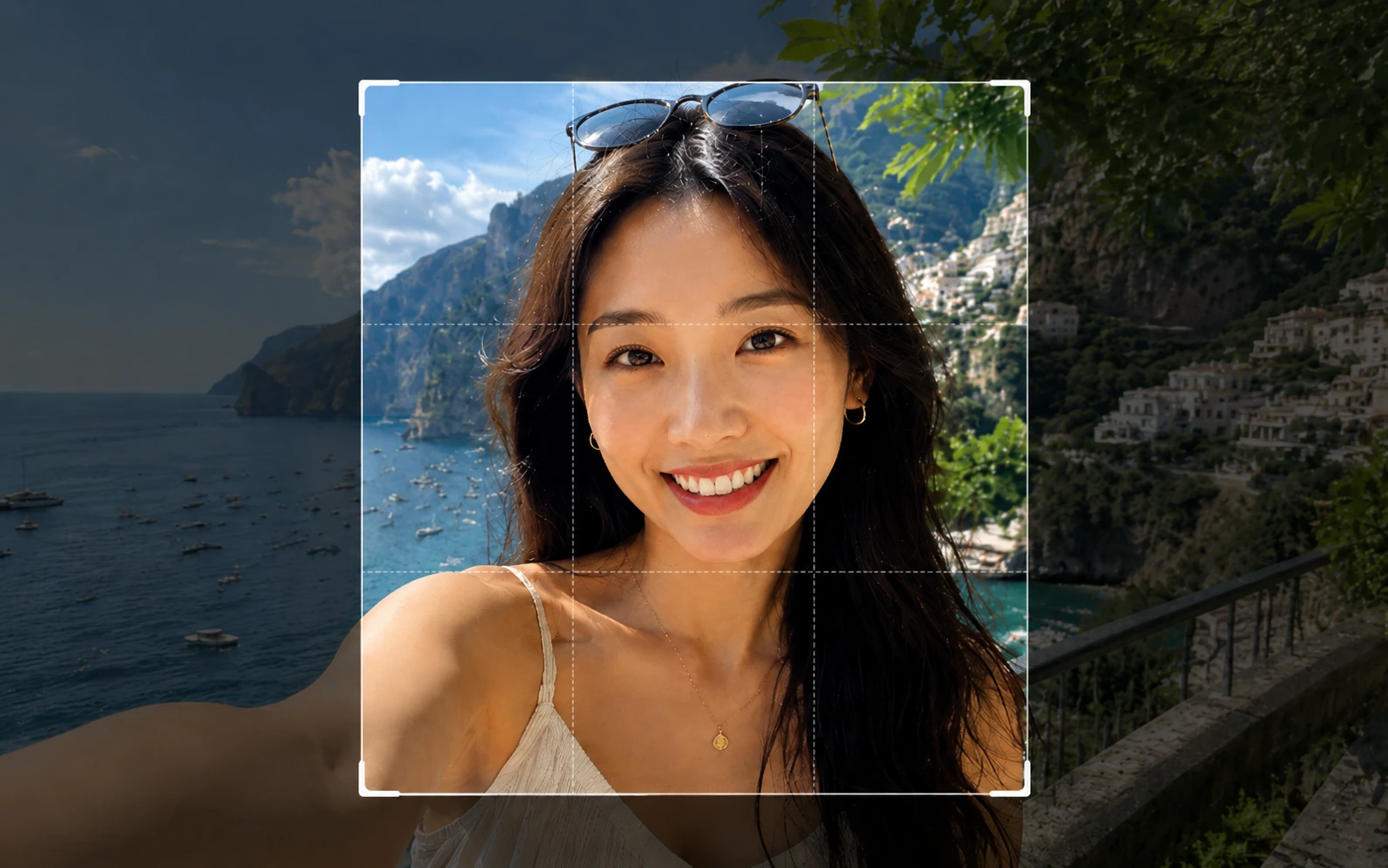 Portrait selfie with a square crop frame around the subject’s head and shoulders