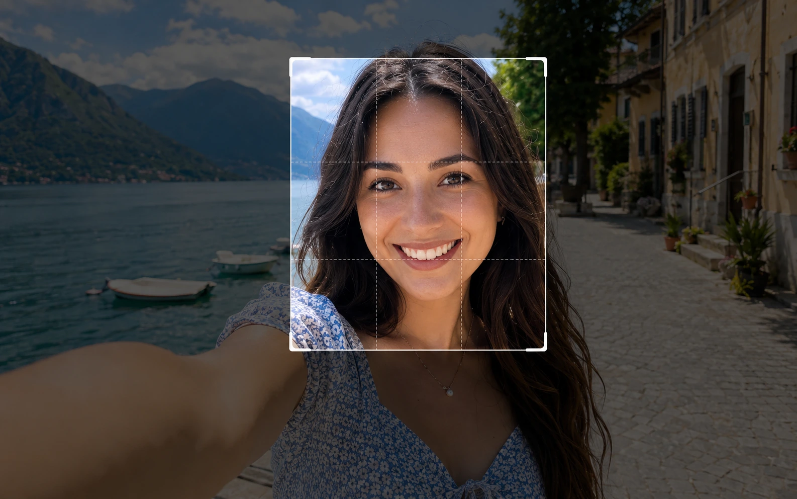 Outdoor portrait with a tight square crop frame around the subject’s face