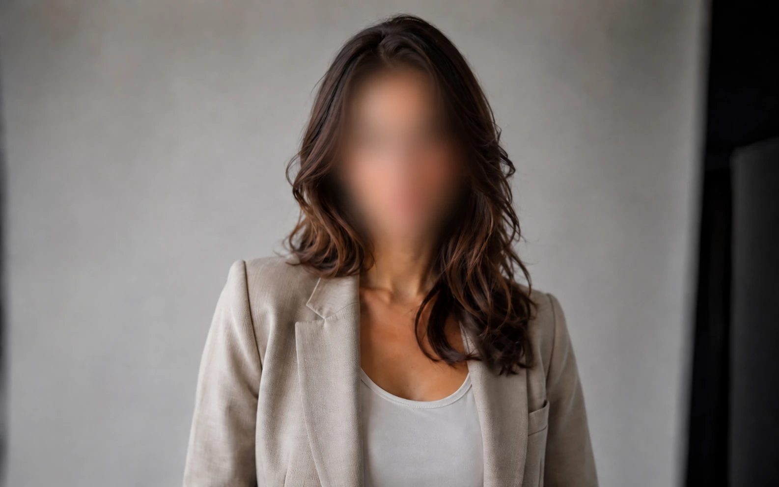 Before-and-after comparison of a portrait photo with the face blurred for privacy. result