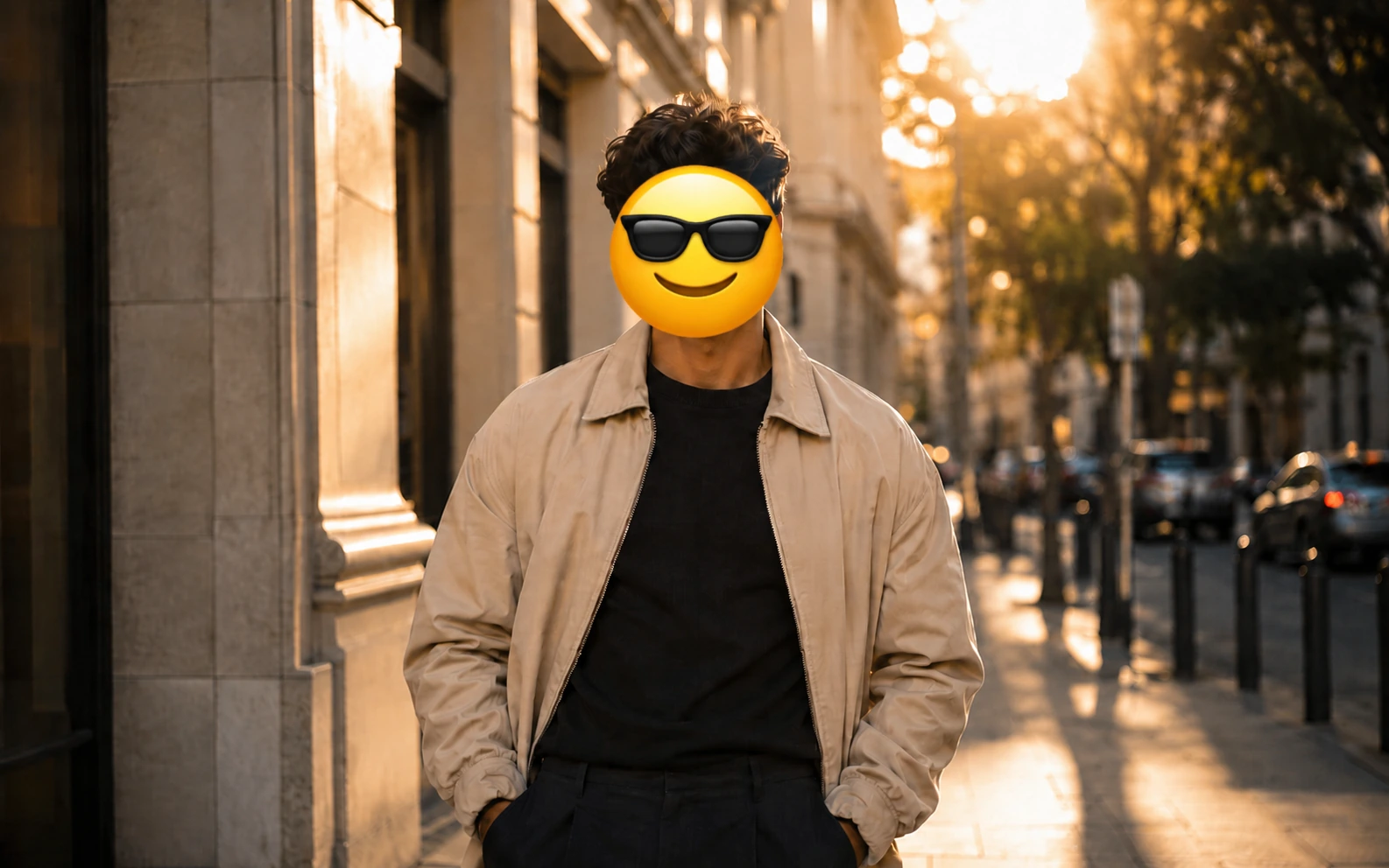 Before-and-after comparison of an outdoor portrait with the face covered by a sunglasses emoji. result