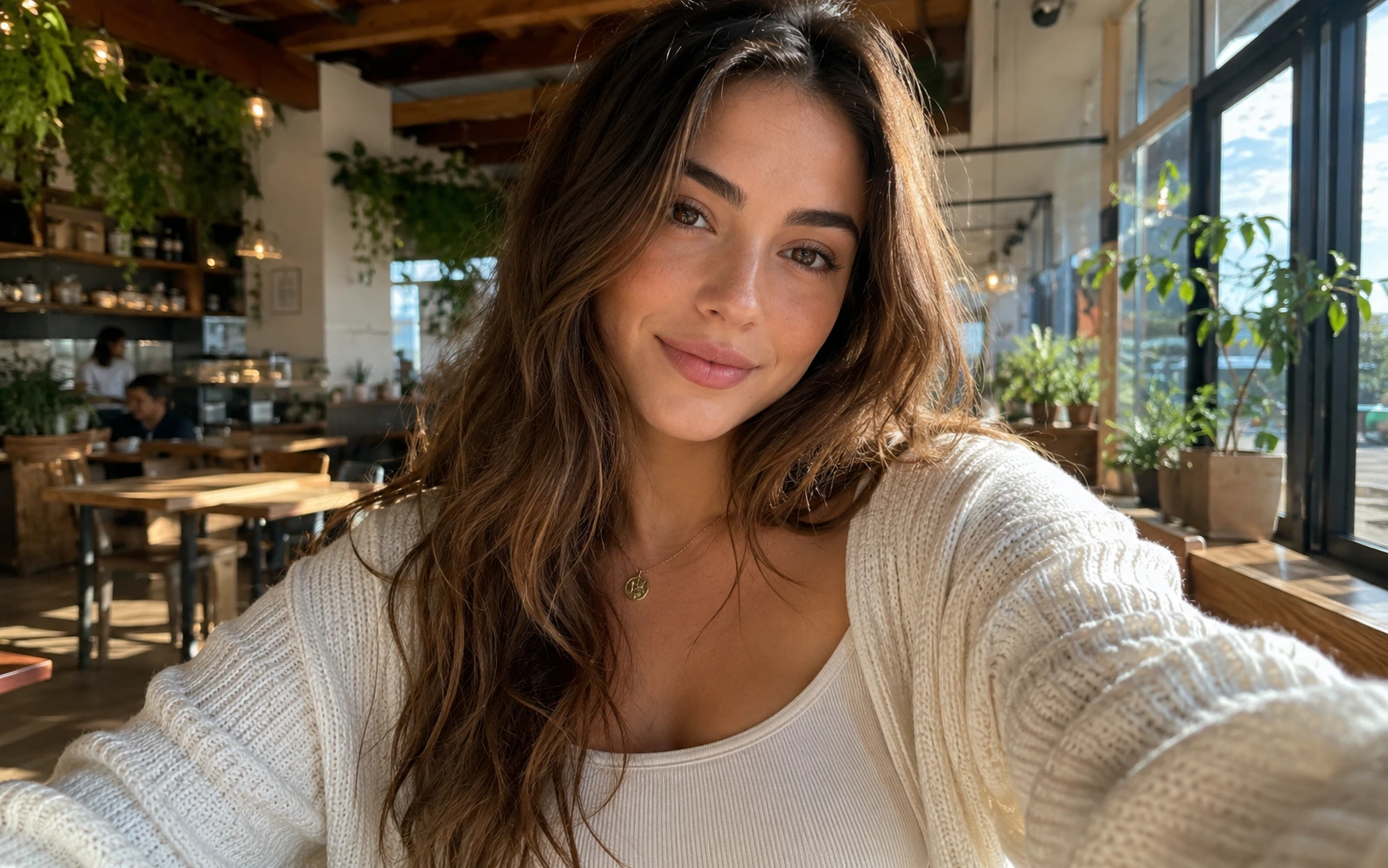 Before-and-after comparison of a cafe selfie with the face covered by a laughing emoji.