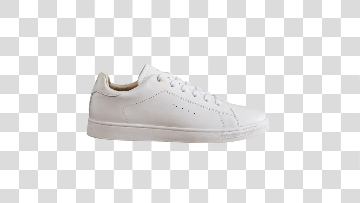 Before-and-after comparison of a white sneaker product photo with the room background removed. overlay