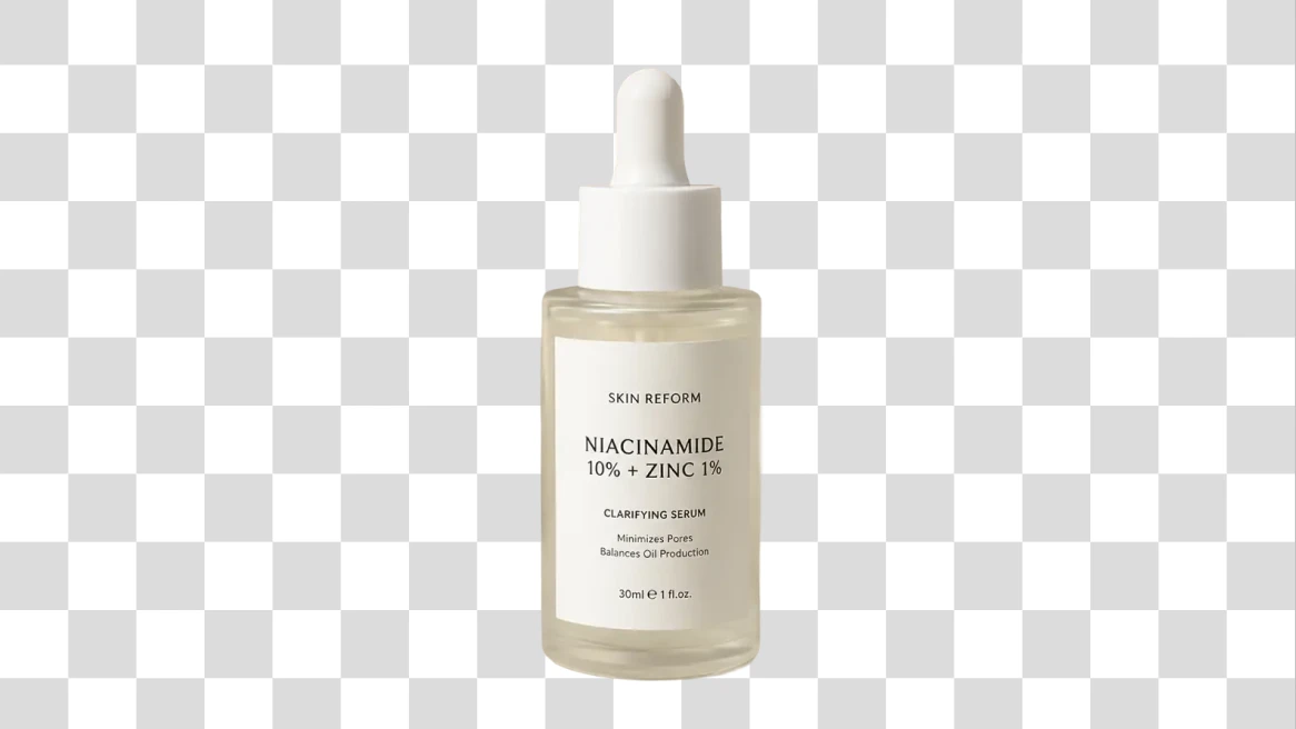 Before-and-after comparison of a skincare serum bottle with the product background removed. overlay