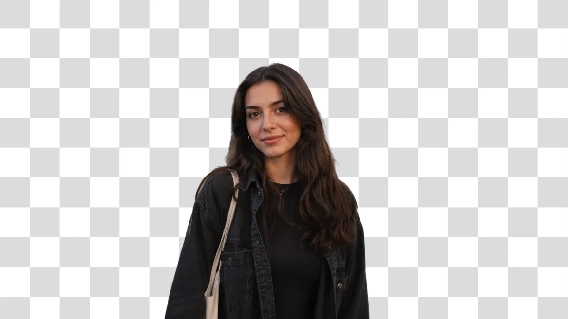 Before-and-after comparison of a woman near Tower Bridge with the city background removed. overlay