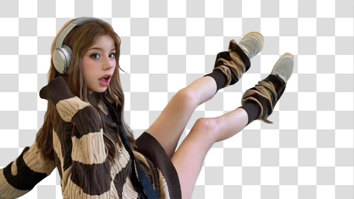 Before-and-after comparison of a seated indoor portrait with the room background removed. overlay